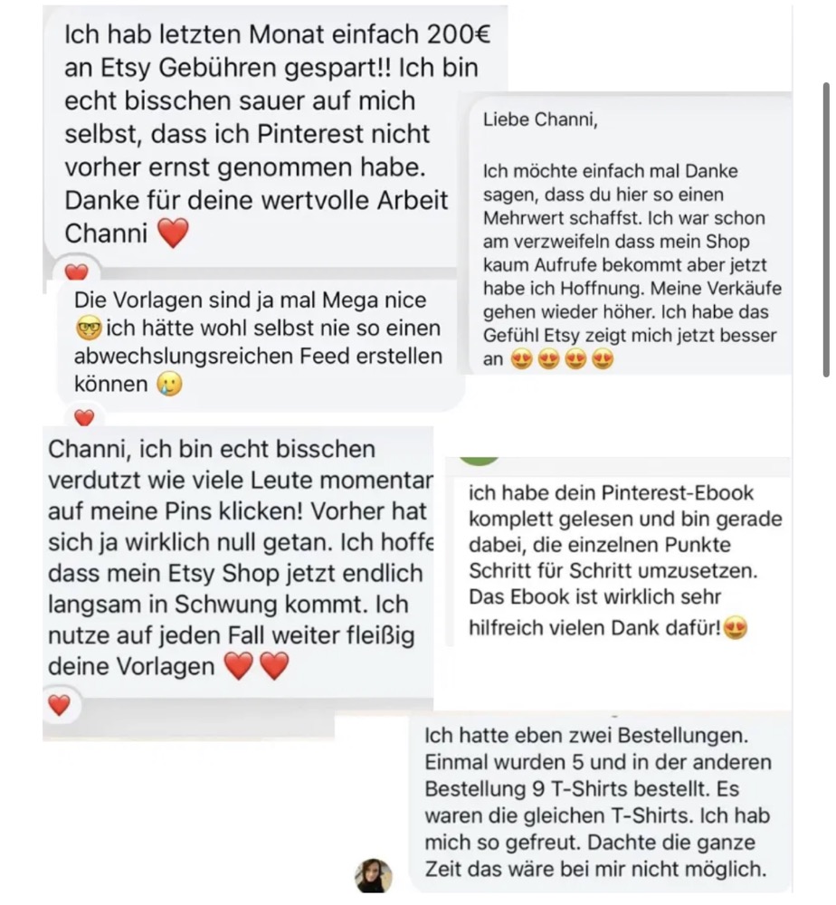 Nachrichten von Kundinnen, die das Pinterest Erfolgssystem nutzen